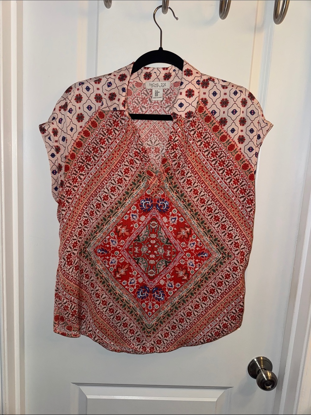 Rachel Zoe Red and Cream Printed V-Neck Blouse